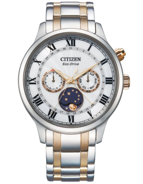 Load image into Gallery viewer, AP1054-80A Citizen Eco-Drive Moon Phase White Dial Two Tone Stainless Steel Band Watch
