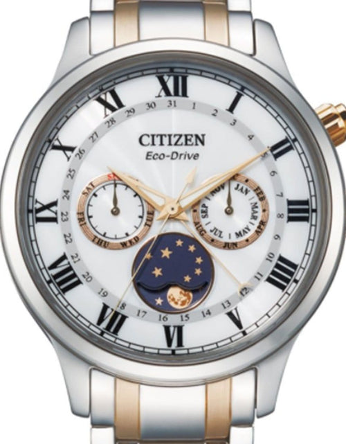 Load image into Gallery viewer, AP1054-80A Citizen Eco-Drive Moon Phase White Dial Two Tone Stainless Steel Band Watch
