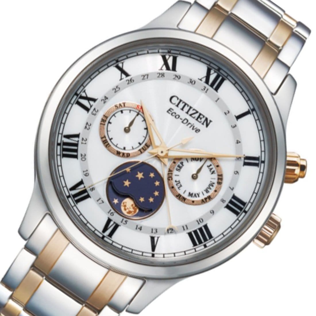 AP1054-80A Citizen Eco-Drive Moon Phase White Dial Two Tone Stainless Steel Band Watch