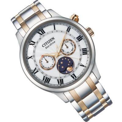 AP1054-80A Citizen Eco-Drive Moon Phase White Dial Two Tone Stainless Steel Band Watch