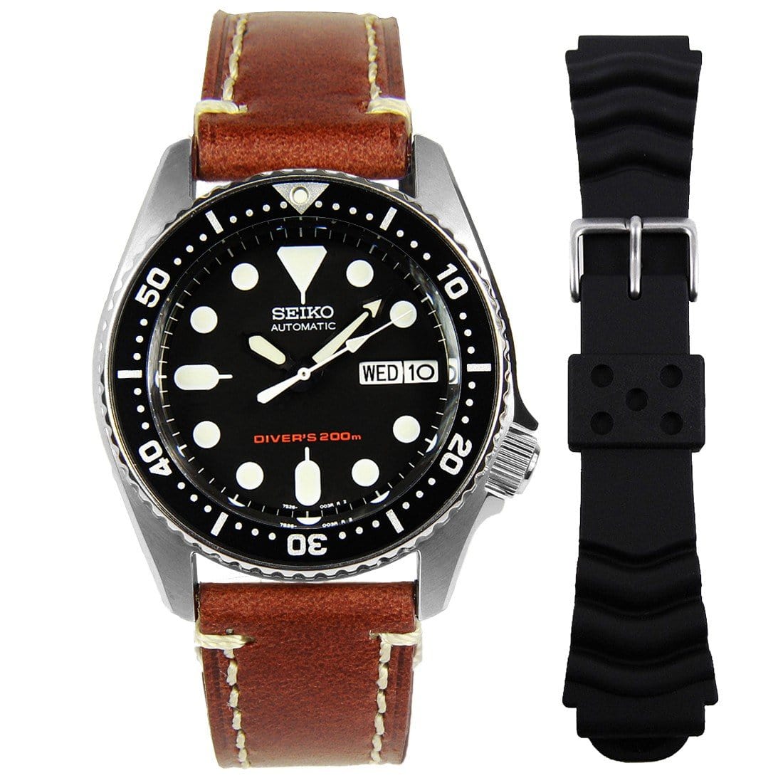 Seiko SKX013K1 SKX013K Automatic Black Dial Mens Dive Watch + Extra Leather Strap