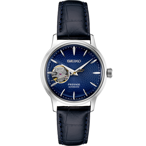 Ladies Seiko #SSA785 Presage Blue Automatic Dress Watch with Open Heart