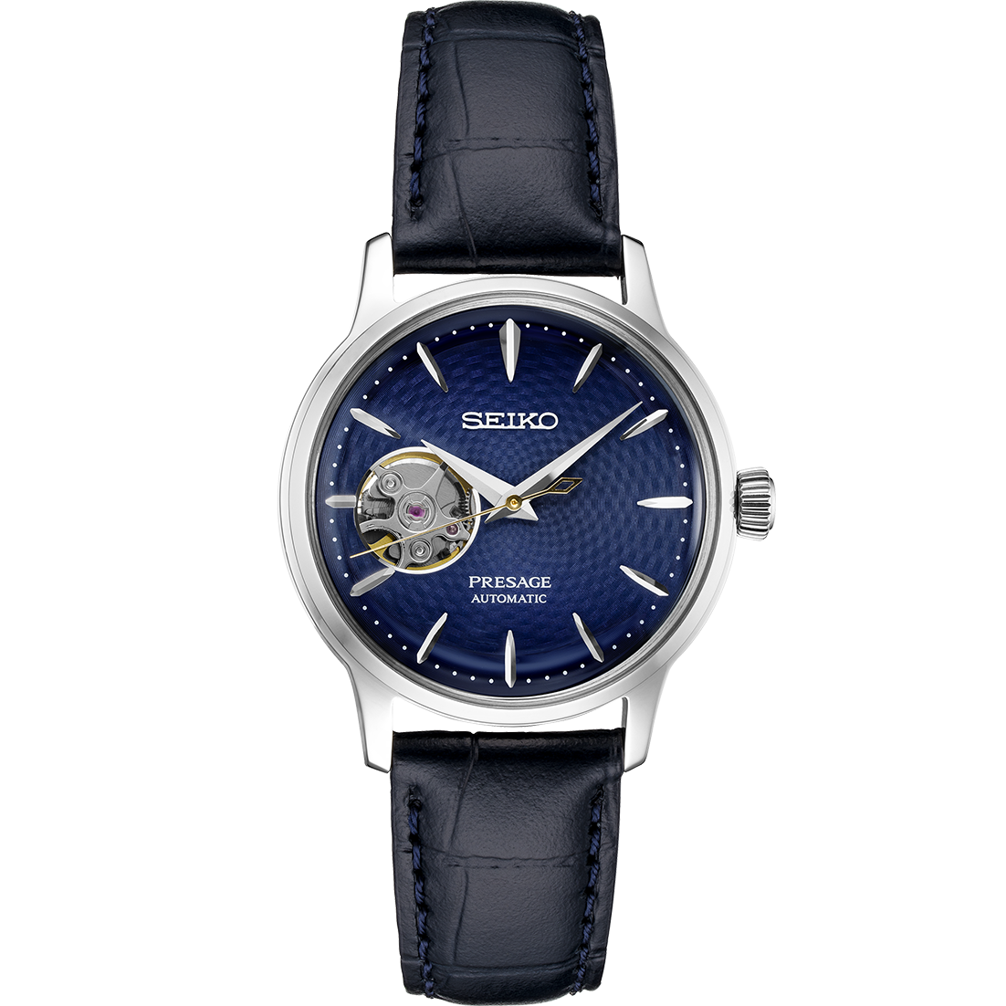 Ladies Seiko #SSA785 Presage Blue Automatic Dress Watch with Open Heart